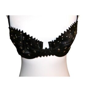 Vintage Fredericks of Hollywood Black Studded Faux Leather Lace Bra Top Size S